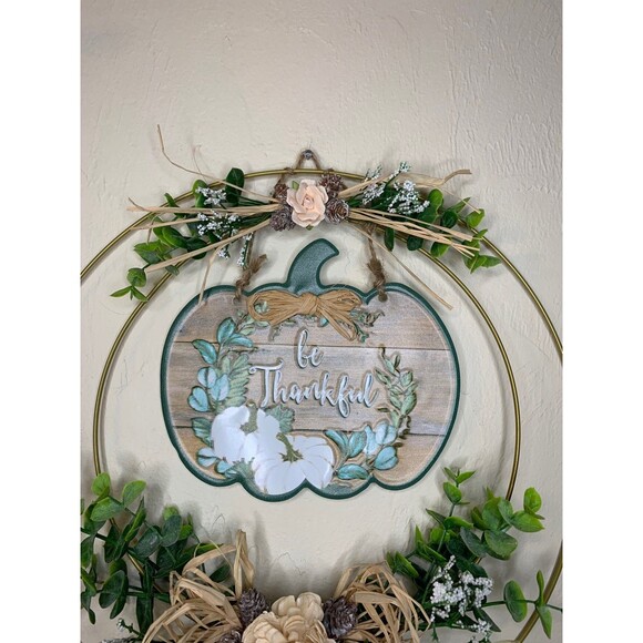 Be Thankful Fall Wreath 14in Eucalyptus Pumpkin Gold Wire Minimalist Decor - Picture 5 of 6